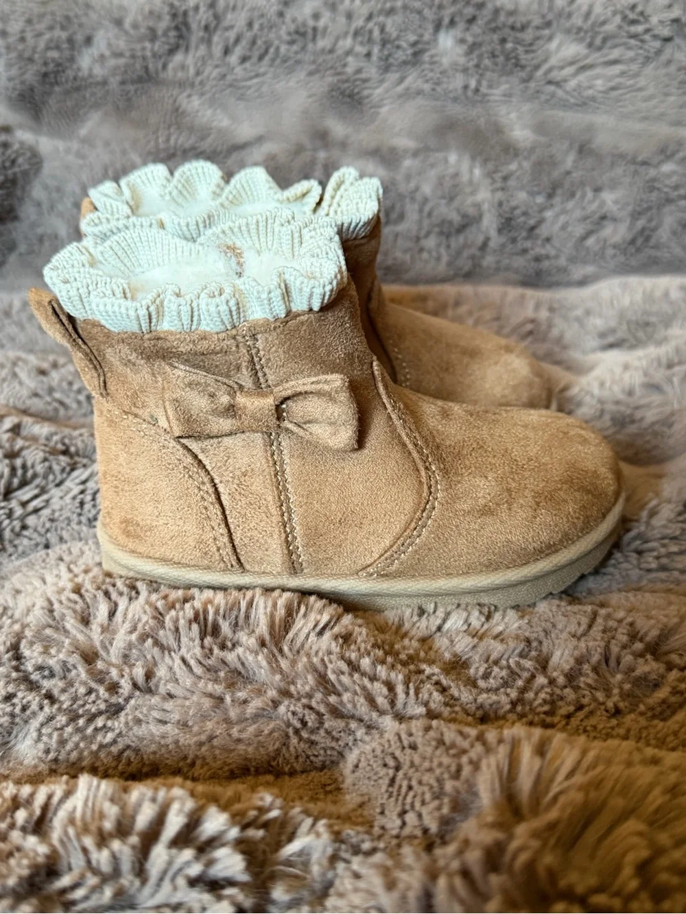 Kids Suede Bow Booties in Tan size 5 (toddler)